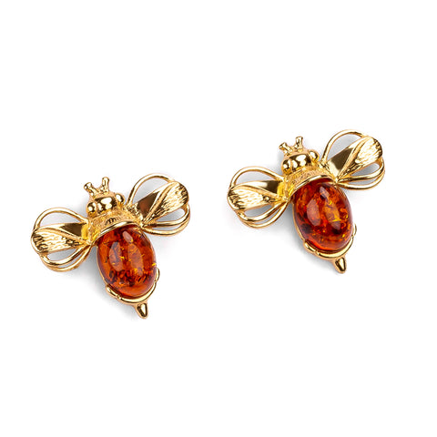 Bumblebee / Bumble Bee Stud Earrings in Silver with 24ct Gold & Amber