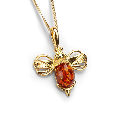 Miniature Bumble Bee Necklace in Silver with 24ct Gold & Amber