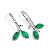 Simple Olive Leaf Branch Hook Earrings in Silver and Green Onyx