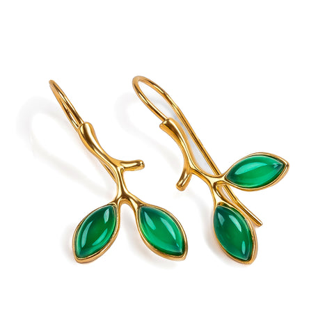 Simple Olive Leaf Branch Hook Earrings in Silver with 24ct Gold & Green Onyx