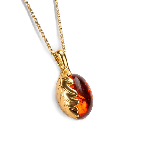Mighty Oak Leaf Necklace in Silver with 24ct Gold and Amber