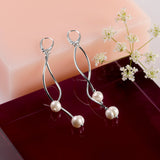 Waved Drop Earrings in Silver and Pearl