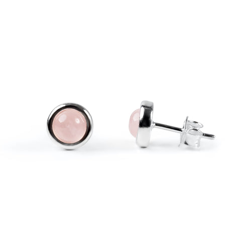 Small Round Stud Earrings in Silver and Rose Quartz