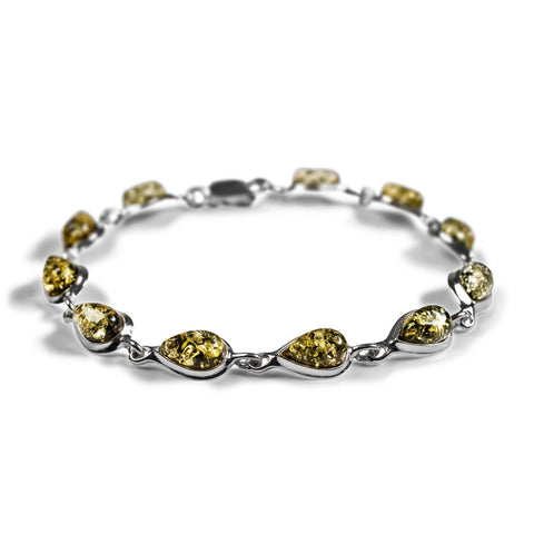 Classic Teardrop Link Bracelet in Silver and Green Amber
