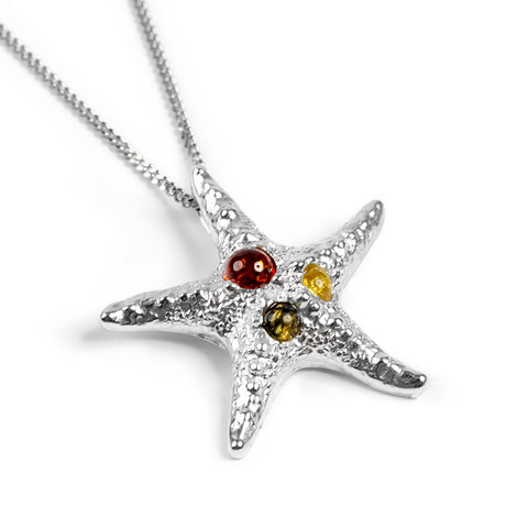 Large Starfish Necklace in Silver and Amber