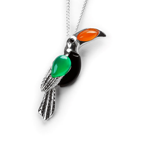 Toucan Bird Necklace in Silver with Carnelian, Green Onyx, & Black Onyx