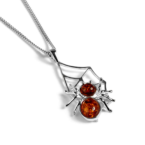 Spider on Web Necklace in Silver and Amber