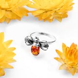 Bumble Bee Ring in Silver and Cognac Amber