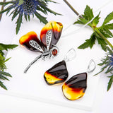 Abstract Butterfly Wing Drop Earrings in Silver and Amber