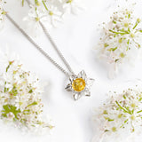 Daffodil Flower Necklace in Silver and Yellow Amber