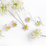 Daffodil Flower Hook Earrings in Silver and Yellow Amber