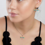 Dragonfly Necklace in Silver, Turquoise and Amber