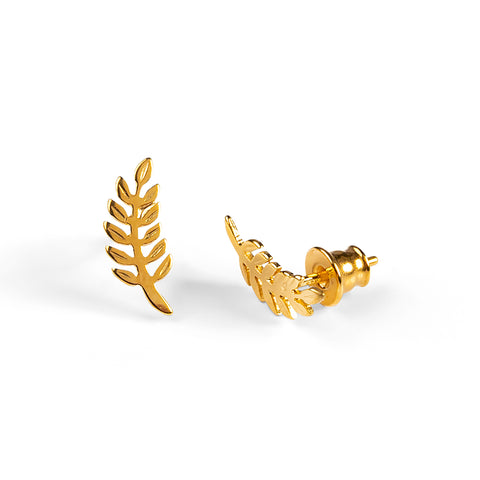 Miniature Royal Fern Leaf Stud Earrings in Silver with 24ct Gold