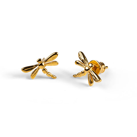 Miniature Dragonfly Stud Earrings in Silver with 24ct Gold
