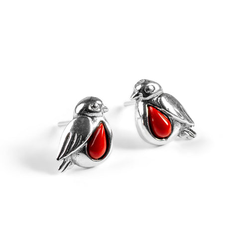 Miniature Robin Stud Earrings in Silver and Coral