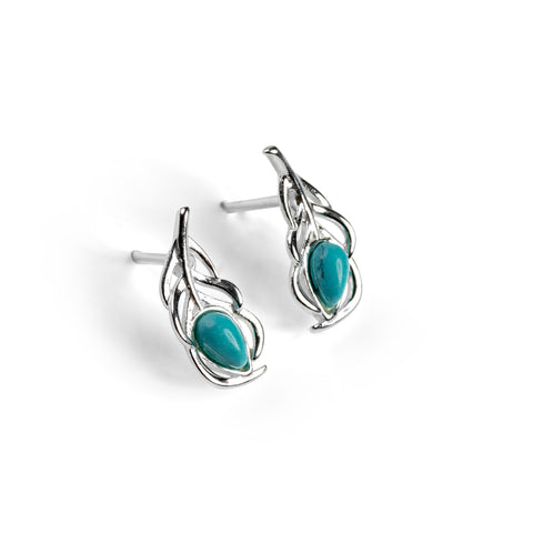 Miniature Peacock Feather Stud Earrings in Silver and Turquoise