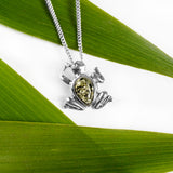 Miniature Frog Necklace in Silver and Green Amber