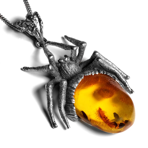 Handmade Spider Necklace in Silver and Cognac Amber