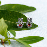 Hamsa Hand Stud Earrings in Silver and Amber