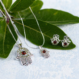 Hamsa Hand Stud Earrings in Silver and Amber
