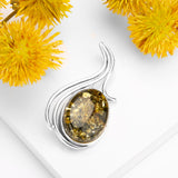 Green Amber & Silver Brooch - Natural Designer Gemstone