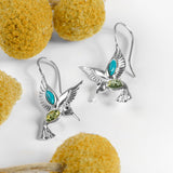 Hummingbird Hook Earrings in Silver, Green Amber and Turquoise