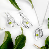 Charming Leaf Hook Earrings in Silver and Peridot
