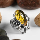 Handmade Striking Octopus Adjustable Ring in Silver and Green Amber