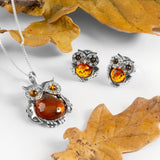 Sparkling Eyed Owl Stud Earrings in Silver and Amber