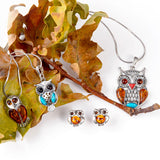 Barn Owl Bird Necklace in Silver and Cognac Amber