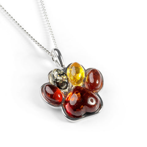 Paw Print Necklace in Silver and Amber