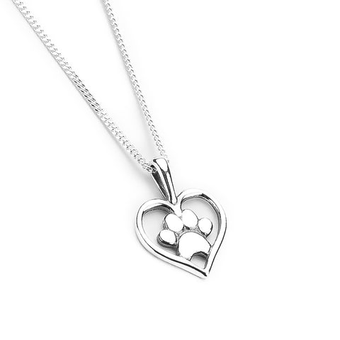 Paw Print Heart Necklace in Silver