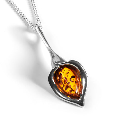 Lily Flower Necklace in Silver and Amber