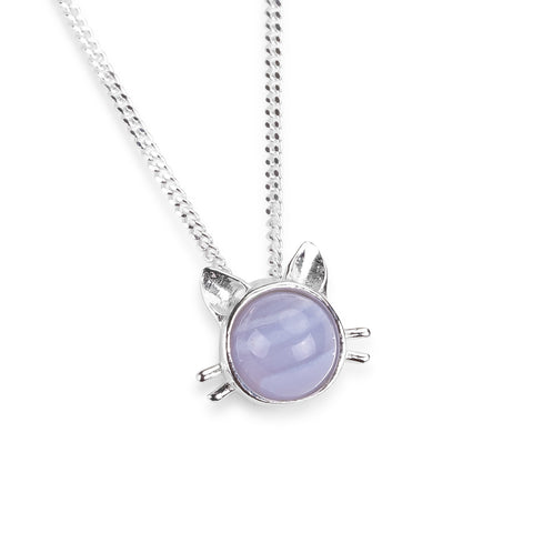 Cute Cat Face Necklace in Silver and Blue Lace Agate