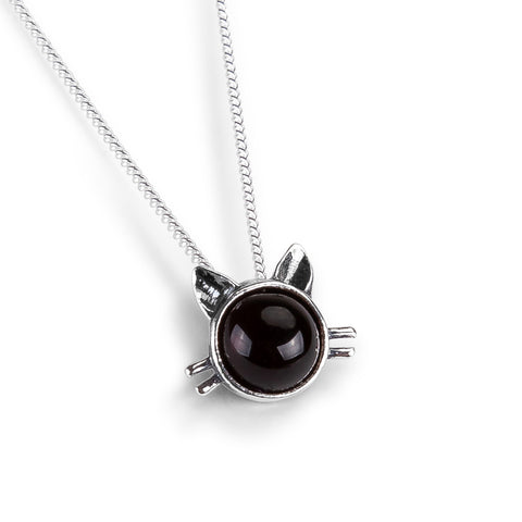Cute Cat Face Necklace in Silver and Cherry Amber
