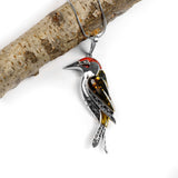 Small Woodpecker Bird Necklace in Silver, Coral and Amber