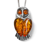 Barn Owl Bird Necklace in Silver and Cognac Amber