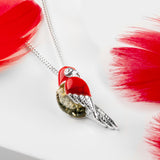 Tropical Macaw Parrot Necklace in Silver, Coral and Green Amber