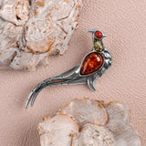 Pheasant Bird Brooch in Silver, Coral and Amber