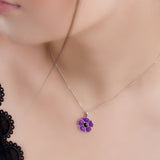 Hand-painted Purple Poppy Flower Necklace in Silver and Amber