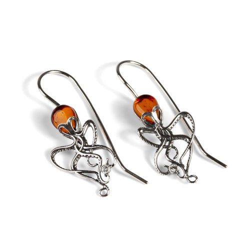 Octopus Earrings in Silver and Amber