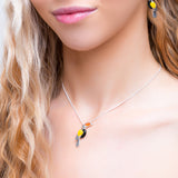 Toucan Bird Necklace in Silver with Carnelian, Yellow Onyx & Onyx