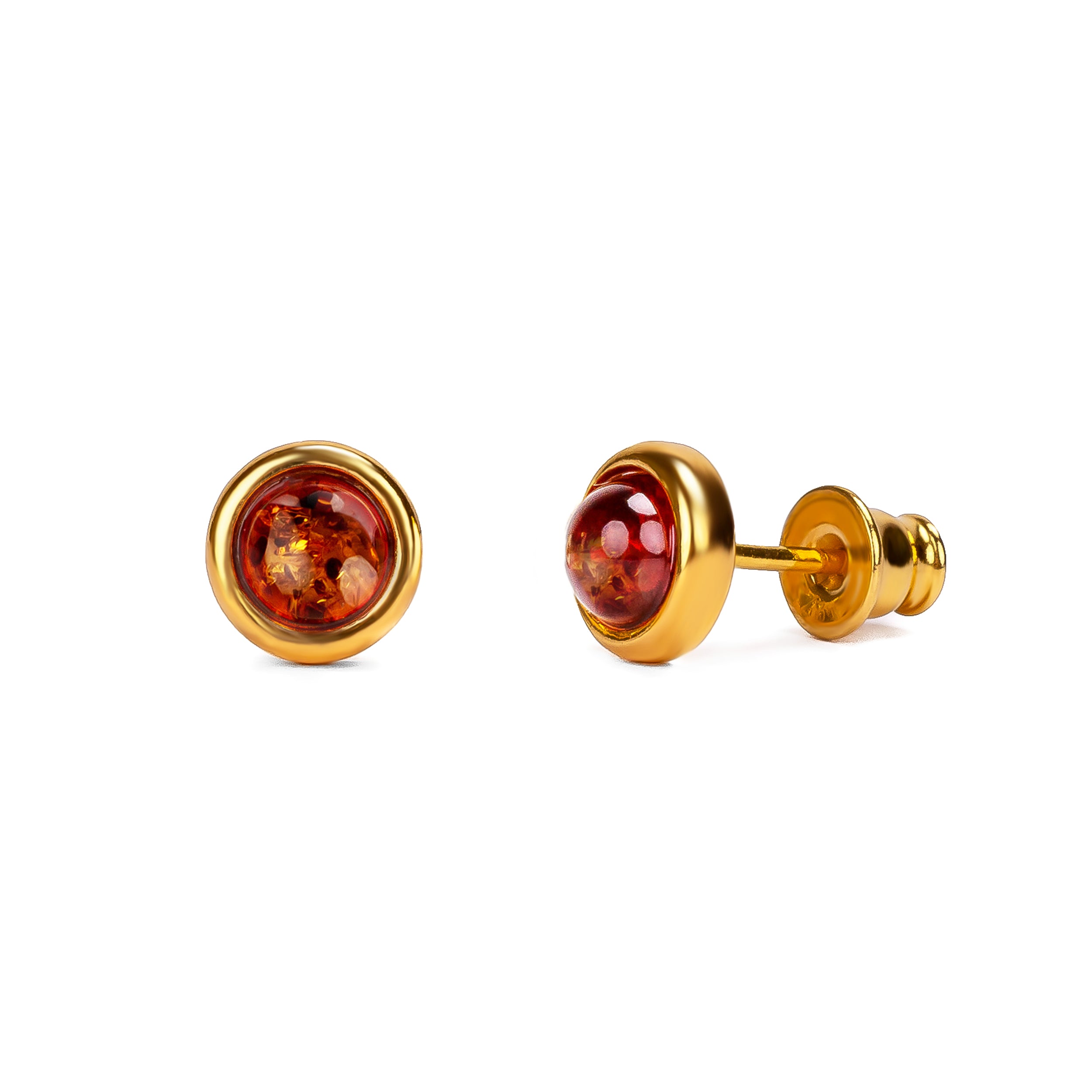 Small Round Stud Earrings in Silver and Cognac Amber