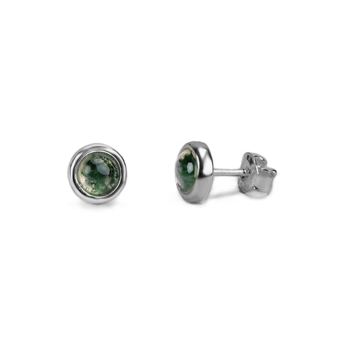 Small Round Stud Earrings in Silver and Moss Agate