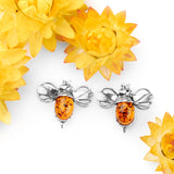 Bumblebee / Bumble Bee Stud Earrings in Silver and Amber
