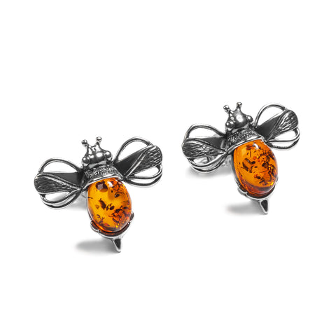 Bumblebee / Bumble Bee Stud Earrings in Silver and Amber