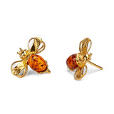 Bumblebee / Bumble Bee Stud Earrings in Silver with 24ct Gold & Amber