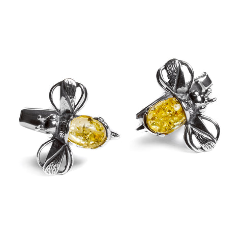 Bumble Bee / Bumblebee Cufflinks in Silver and Yellow Amber