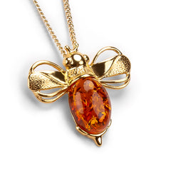 Large Bumble Bee Necklace in Silver with 24ct Gold & Amber