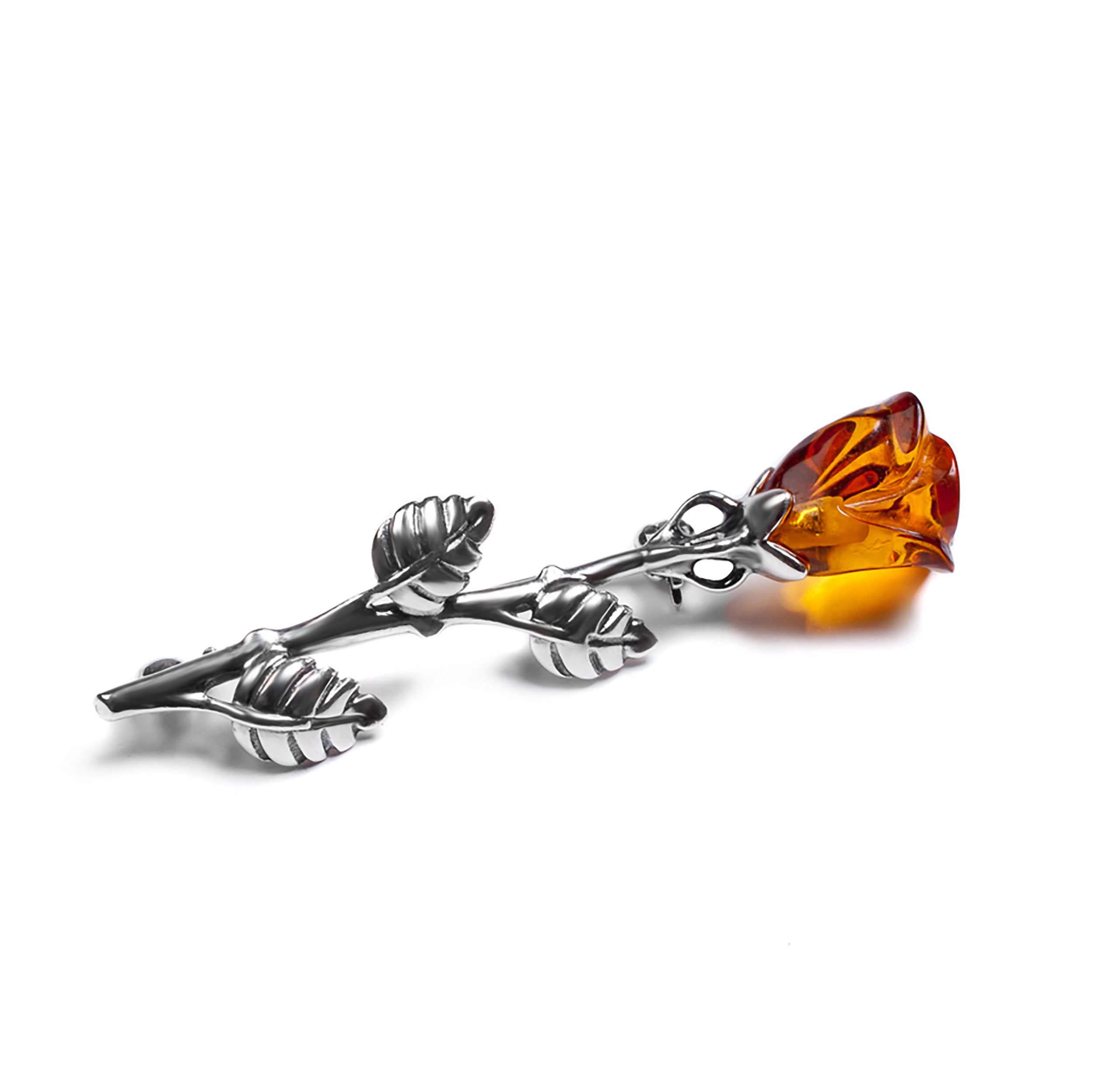 Single Stem Rose Brooch in Silver with 24ct Gold & Cognac Amber
